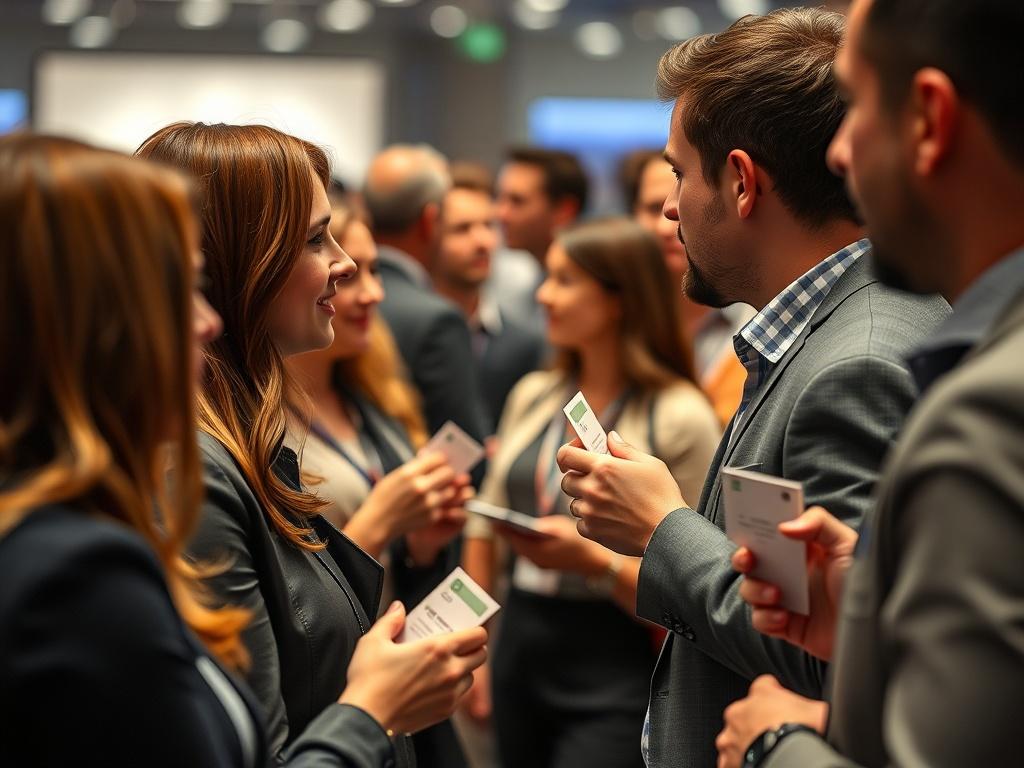 A close-up shot of a networking event with people engaging in conversation, exchanging ideas and business cards. The atmosphere is professional yet friendly, showcasing a vibrant environment for connection, shot with a 45mm f/1.2 lens.