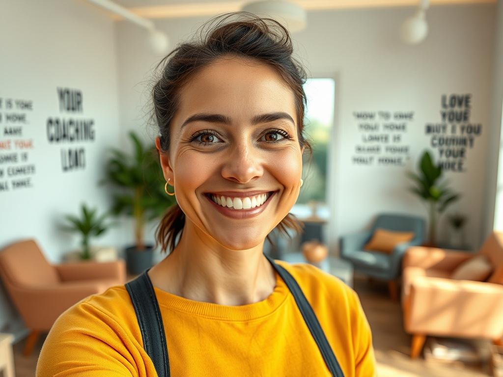 A close-up shot of a confident person smiling, standing in a bright and inviting coaching office. The background features motivational quotes on the walls and a comfortable seating area, shot with a 45mm f/1.2 lens.