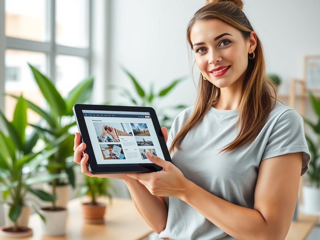 A close up of a confident woman holding a tablet,