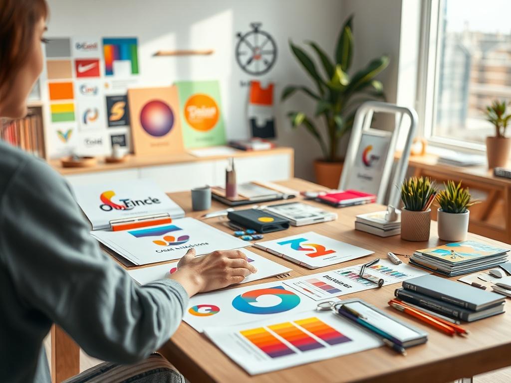 A vibrant workspace showcasing a designer creating branding materials