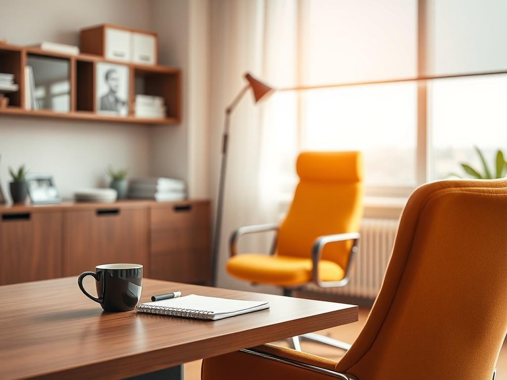 A serene office setting with a modern desk, a comfortable
