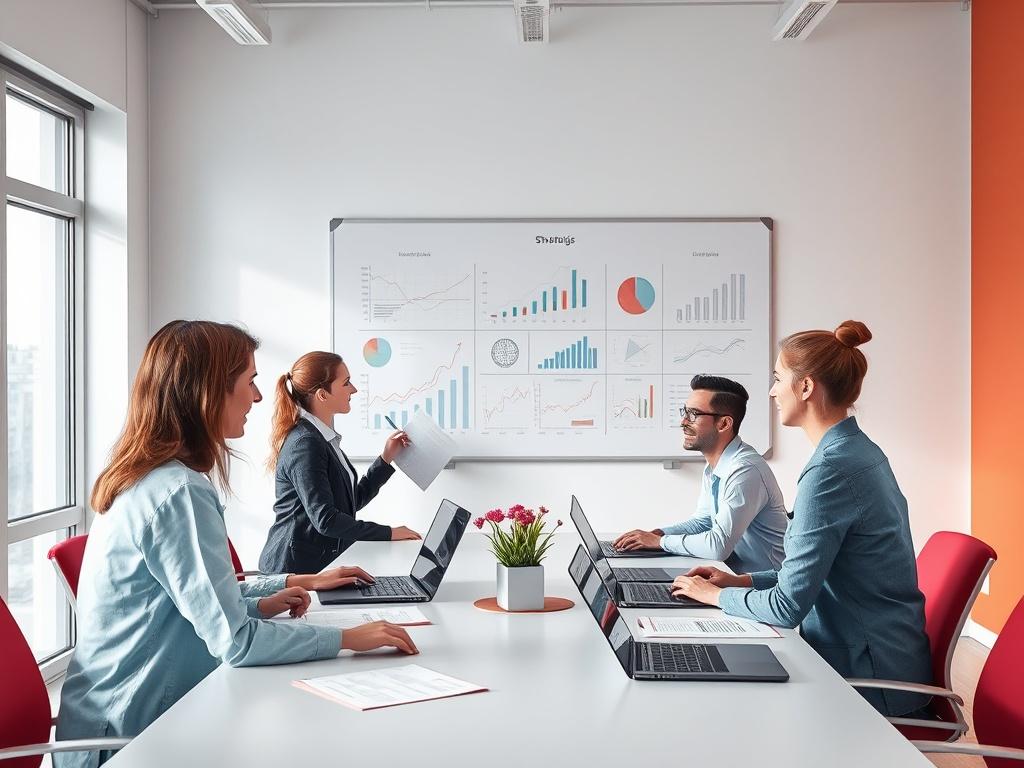 A professional team in a bright meeting room, gathered around