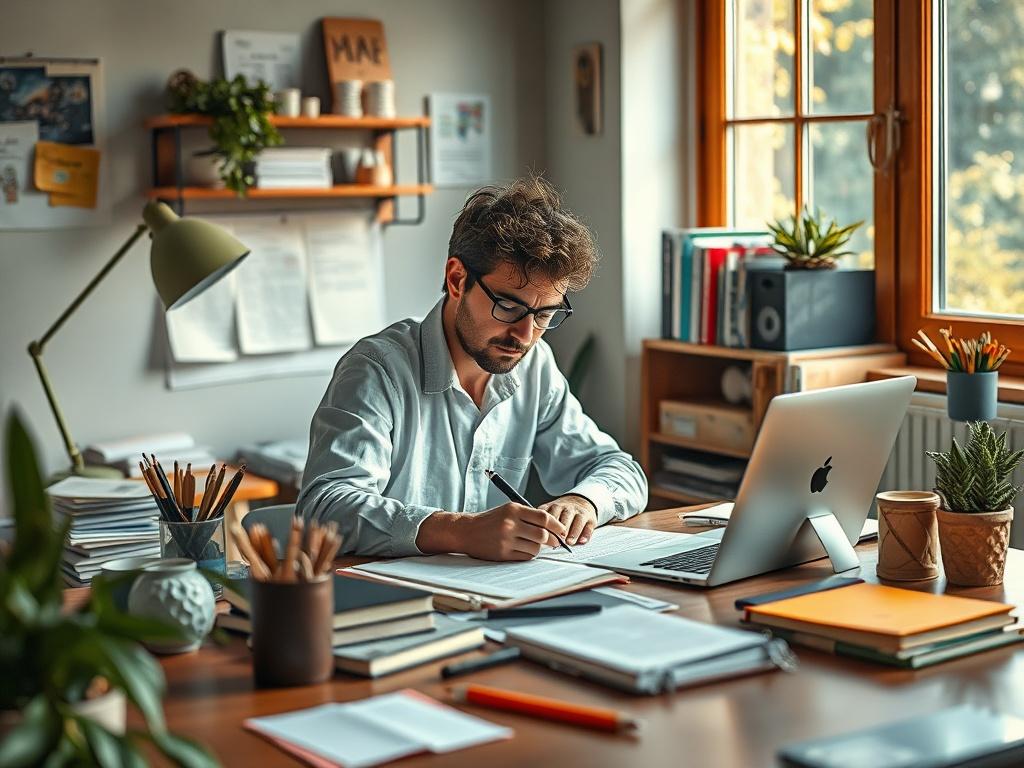 A writer at a desk, surrounded by notes and a