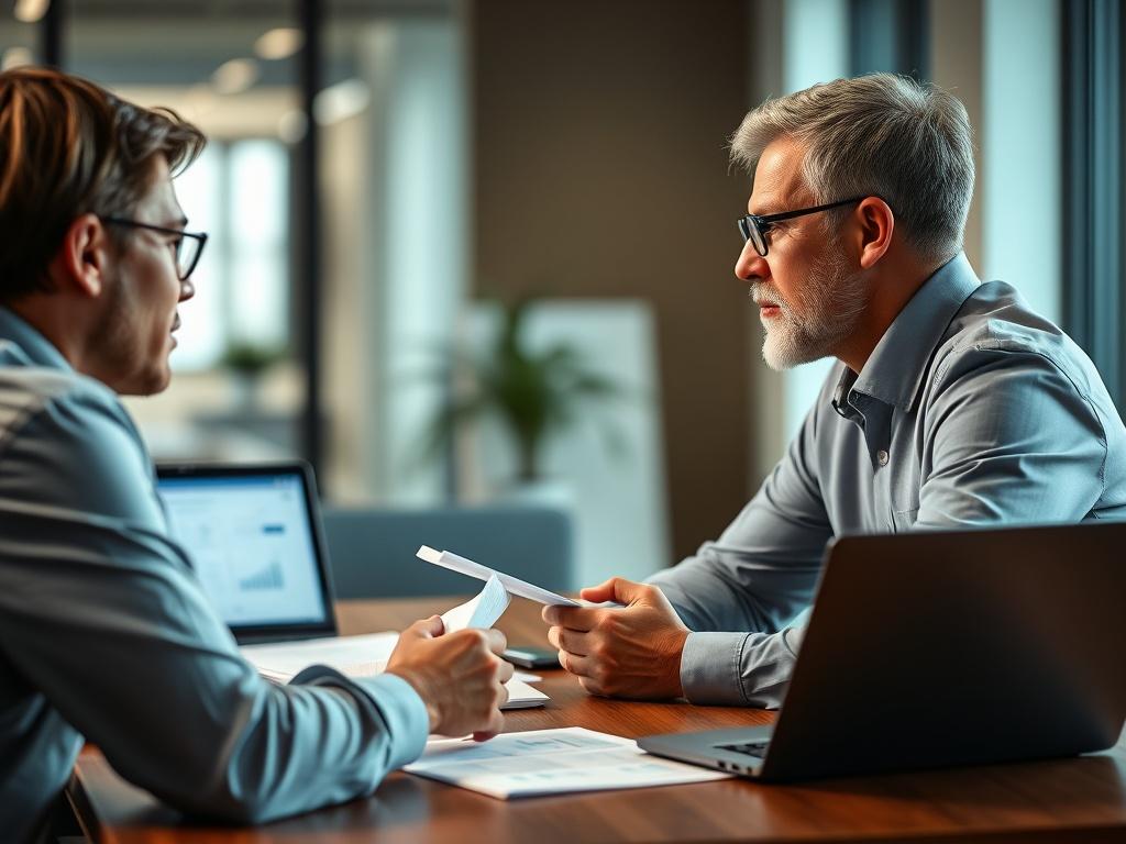 A close-up of a consultant discussing digital certificate solutions with a client in an office setting. The image focuses on both individuals engaged in conversation, with papers and a laptop on the table showcasing digital certificate options. The background should be slightly blurred, emphasizing the interaction between the two, and maintaining a professional atmosphere enriched with the #062767 color.