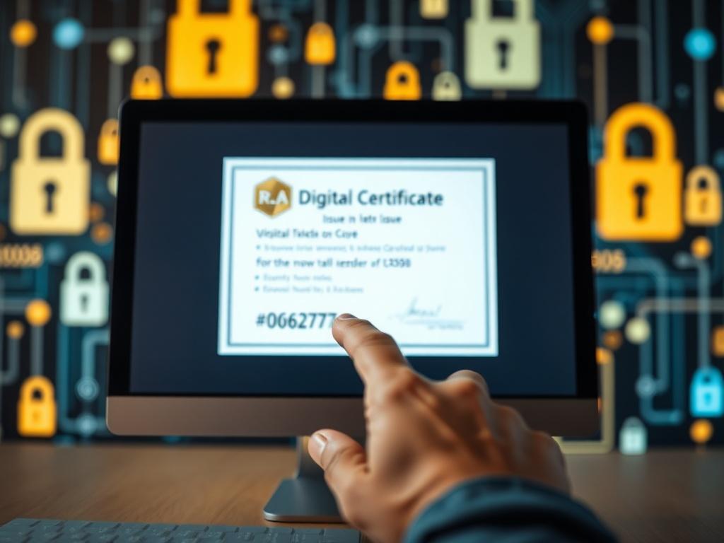 A close-up shot of a digital certificate being issued on a computer screen. The focus is on the screen showing a clear digital certificate interface, with a hand hovering over the mouse. The background is softly blurred to emphasize the screen, with an abstract representation of digital security elements like locks and codes in the background, all in a color palette that includes #062767.