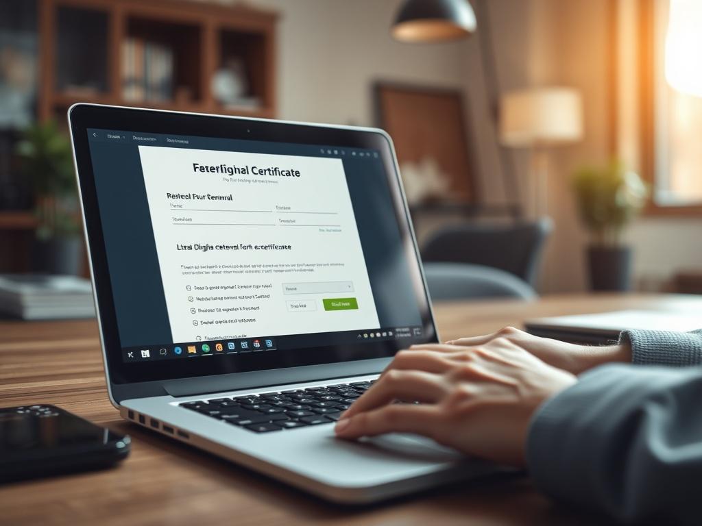 A close-up image of a person filling out a renewal form for a digital certificate on a laptop. The focus is on the screen with the renewal form clearly visible. A hand is seen typing, conveying action and urgency. The background should be lightly blurred, featuring a warm and professional office environment, with elements of technology subtly included, all harmonized with the #062767 color scheme.