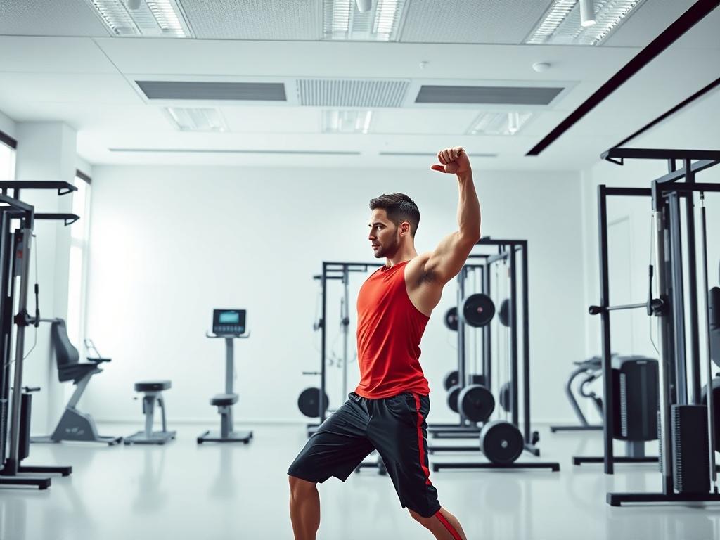 A high-resolution image of a modern fitness laboratory featuring a single fitness trainer demonstrating a strength training exercise. The background is minimalistic with clean lines and a bright, airy atmosphere, showcasing advanced fitness equipment and testing tools. The color scheme should complement the primary color rgb(248, 140, 2), emphasizing a vibrant and energetic environment.