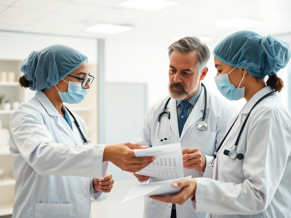 A close-up shot of a healthcare consultant reviewing documents with healthcare staff in a modern clinic. The consultant is pointing to a chart, highlighting important data. The setting should reflect a clean, organized medical office with bright lighting and neutral tones, creating an atmosphere of professionalism and care.