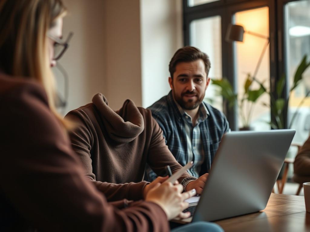 A close-up shot of an individual engaged in a coaching session with a consultant in a cozy, modern office. The individual appears focused and inspired, with notes and a laptop open in front of them. The background should be warm and inviting, with soft lighting and neutral tones that evoke a sense of encouragement and motivation.