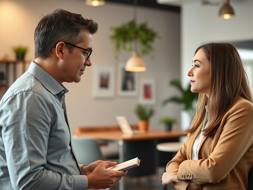 A close-up shot of a professional consultant engaged in a conversation with a business owner in a modern office setting. The consultant is listening attentively while taking notes. The background is a clean, contemporary office with soft lighting, featuring neutral colors and a touch of vibrant decor, reflecting a professional yet cozy atmosphere.