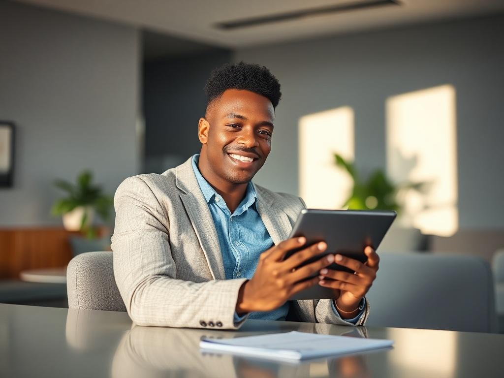 Create a realistic high-resolution photo that encapsulates the theme of "Understanding Employer Services." The focus should be a confident, professional-looking individual (a business consultant) seated at a modern desk in a contemporary office setting. The consultant, a diverse and approachable person, should be holding a tablet, visibly engaged in a discussion with a client about navigating employee challenges. 

The background should feature a sleek, minimalistic office with neutral tones, including soft