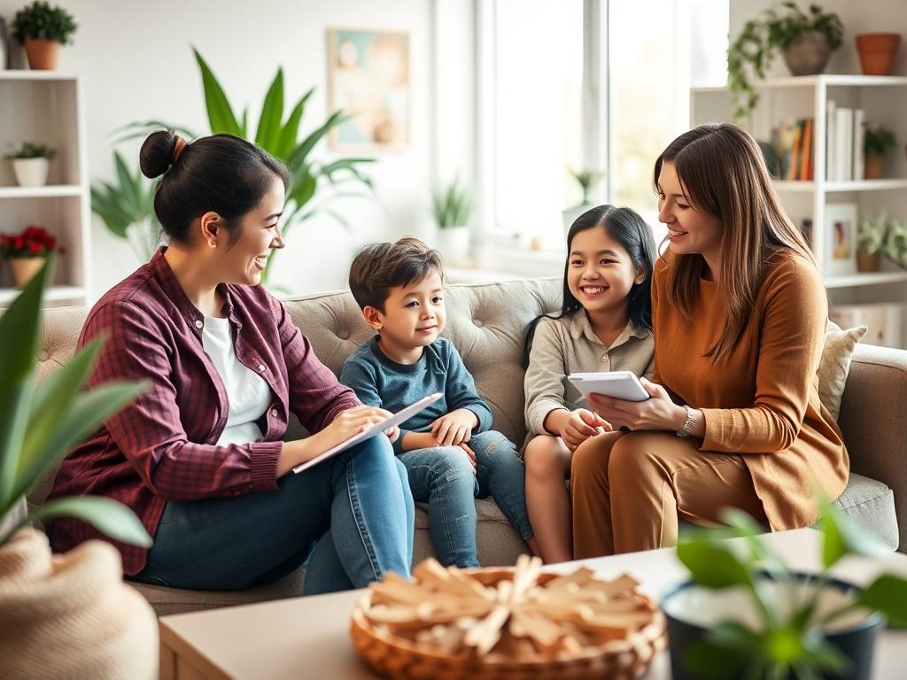 A warm and cozy family consultation session in a well-lit room. A diverse family of four (parents and two children) sitting comfortably on a couch, engaging in a discussion with a professional consultant. The consultant, a friendly woman in her 30s, is taking notes while actively listening. The background features family-friendly decor with soft colors, plants, and bookshelves, creating an inviting atmosphere. The focus is on the interaction and connection between the family and the consultant.