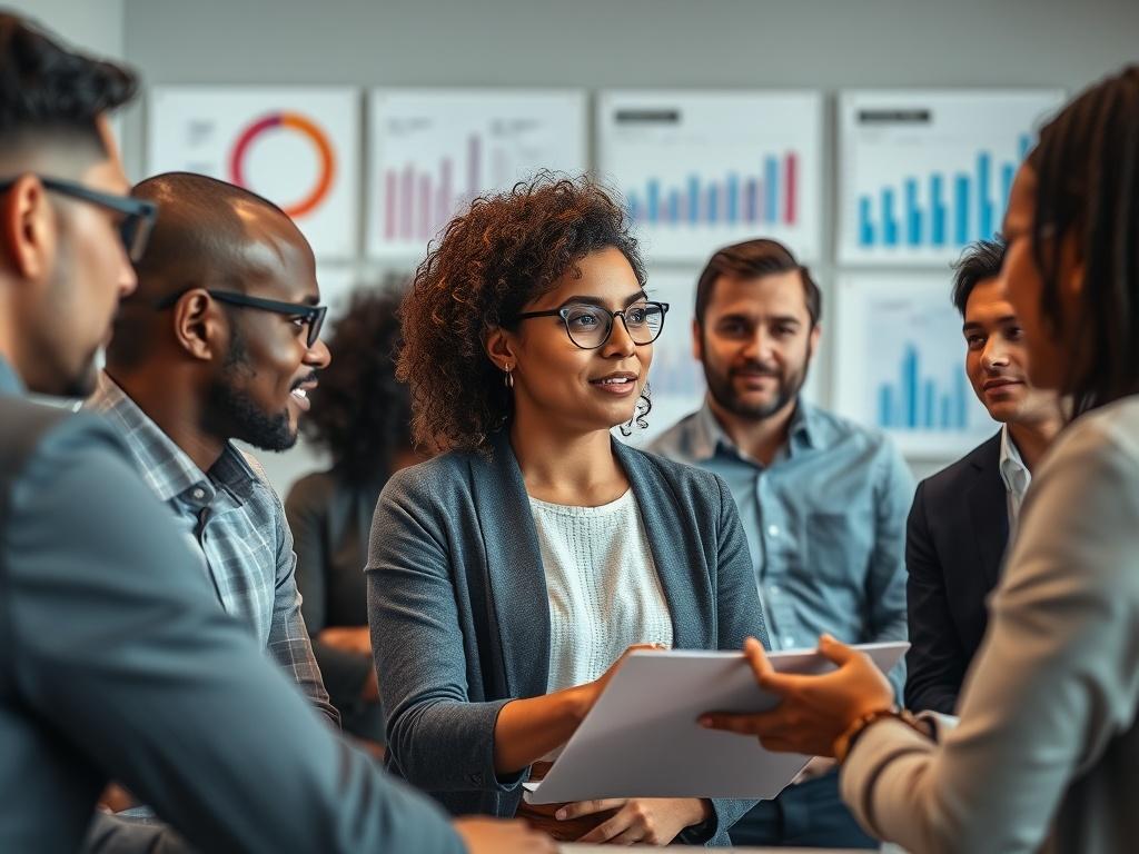 A close-up of a diverse group of professionals in a modern office setting, engaged in a brainstorming session. The image captures a collaborative atmosphere with charts and performance metrics displayed in the background. The focus is on a woman presenting ideas to her colleagues, showcasing teamwork and innovation. The color palette should include warm grays and an accent of royal blue, reflecting a contemporary and cozy vibe.