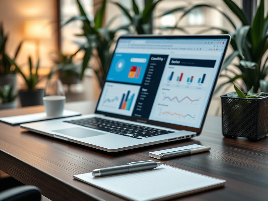 A serene consulting environment with a modern desk, a laptop open displaying a consulting software interface, and a notepad with a pen next to it. The background should be a softly lit office space with plants, creating a warm and inviting atmosphere. The focus should be on the desk setup, emphasizing a professional and cozy consulting vibe.