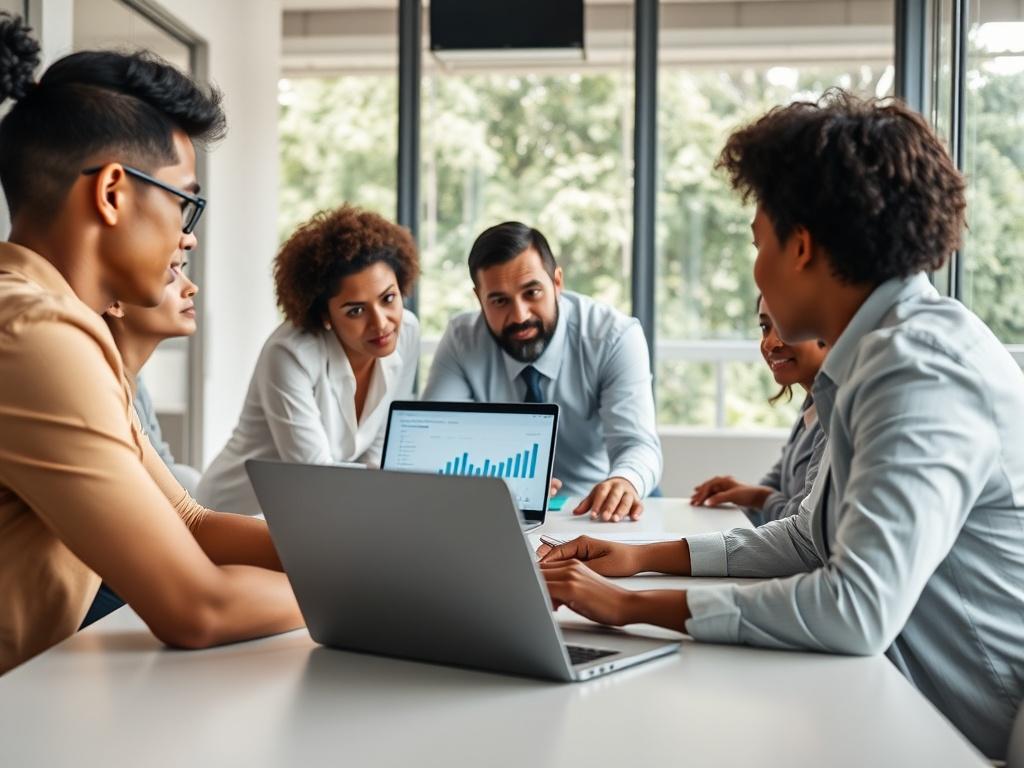 A realistic high-resolution photo of a diverse group of professionals engaged in a consulting session around a modern conference table. One person is presenting with a laptop open, displaying graphs and data. The background is a bright, airy office space with large windows and greenery visible outside. The focus is on the group, showcasing collaboration and engagement, framed in a clean, modern style.