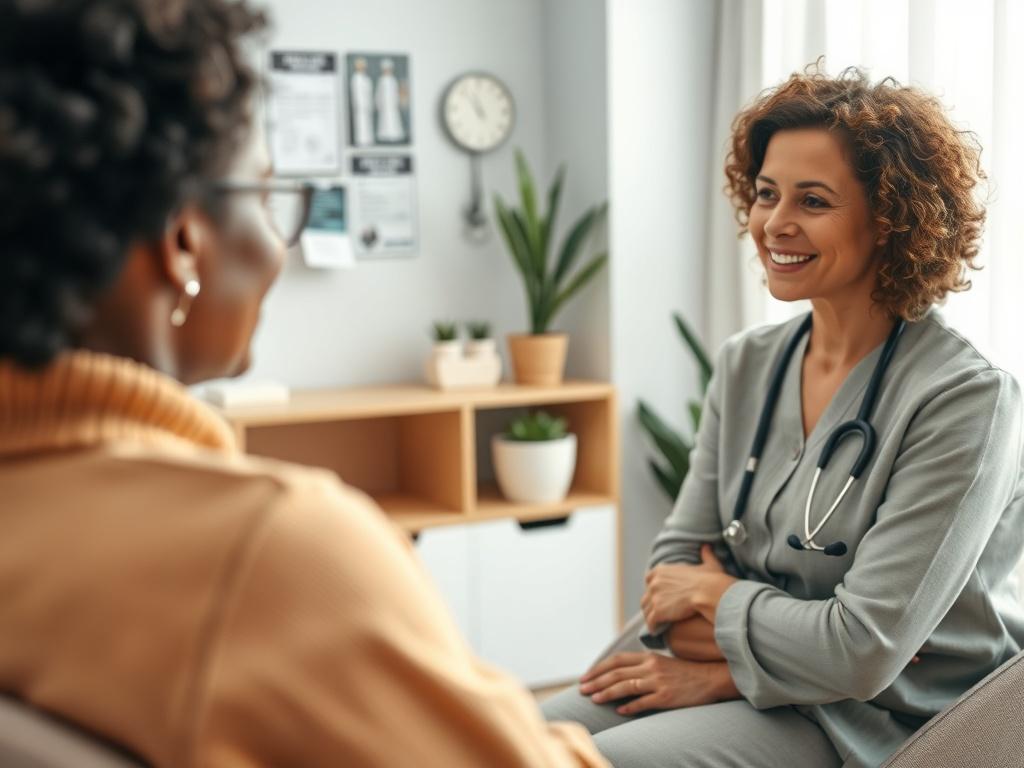 A healthcare professional consulting with a patient in a modern clinic setting. The scene focuses on a warm and inviting consultation room with soft natural lighting. The healthcare professional, a middle-aged woman with a friendly demeanor, is seated across from a diverse patient, engaged in a discussion. Both individuals appear focused and attentive. A subtle background includes medical charts and comforting decor, creating a cozy yet professional atmosphere.