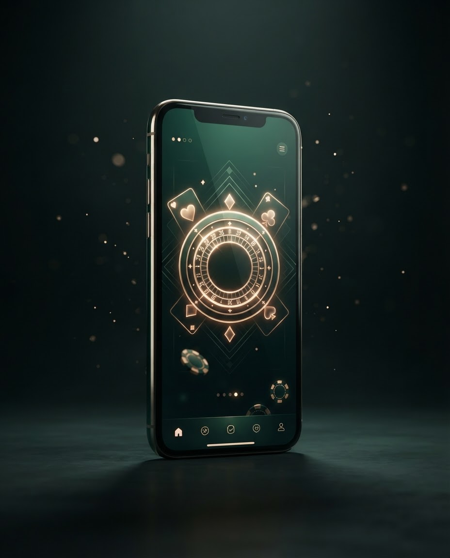 A modern smartphone displaying a refined casino gaming app interface