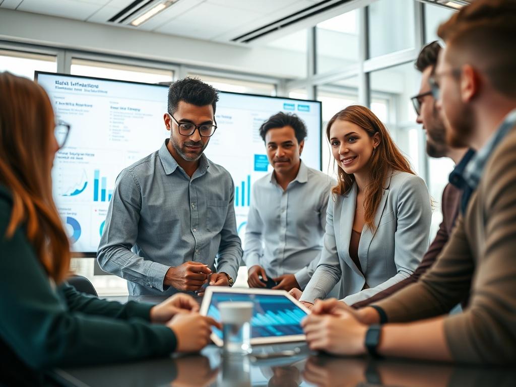 A close up shot of a team collaborating over digital