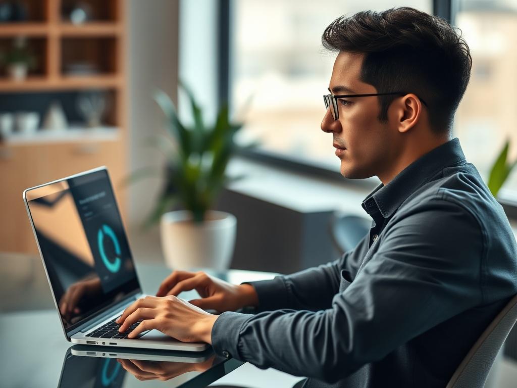 **Prompt for AI Image Generation:**

Create a realistic high-resolution photo that captures the essence of a single, focused subject reflecting the theme "Understanding AI-Generated Brand Perception". The composition should be simple and clear, centering on a thoughtful individual (a professional in smart casual attire) sitting at a modern workspace, deeply engaged in analyzing data on a laptop. 

The subject should have a look of concentration, with indications of AI tools and analytics on the screen, subt