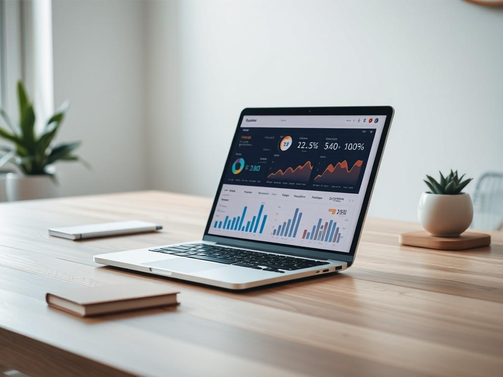 Create a realistic high-resolution photo capturing the essence of the blog titled "Understanding AI-Generated Brand Presence." The composition should feature a single, focused subject: a sleek, modern laptop displaying a digital dashboard filled with AI-generated analytics and brand metrics. The screen should be brightly illuminated, showcasing graphs, charts, and performance indicators related to online brand presence.

Place the laptop on a minimalist, well-lit wooden desk with subtle textures, creating a