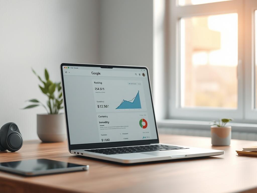 **AI Image Generation Prompt:**

Create a realistic high-resolution photo of a modern, minimalist desk setup. The focus should be on a sleek laptop displaying a web browser with a graphical representation of a website's ranking on Google. The laptop screen should have visual elements like a search bar with the text "Google Search" and simple, clear website analytics displayed, emphasizing the theme of visibility versus invisibility on AI platforms.

In the background, have an unobtrusive and softly blurred 