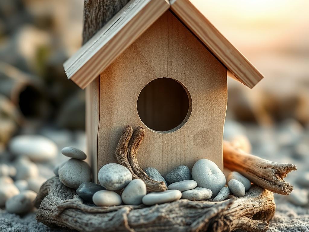 A close-up shot of a handcrafted bird house made from plywood, adorned with smooth beach stones and rustic driftwood. The composition focuses solely on the bird house, showcasing its intricate details and textures. The background is softly blurred to emphasize the natural elements of the house, with warm, inviting lighting that captures the essence of the coastal environment.
