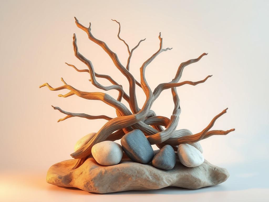 A beautifully arranged Driftwood & Stone Art sculpture, featuring twisted