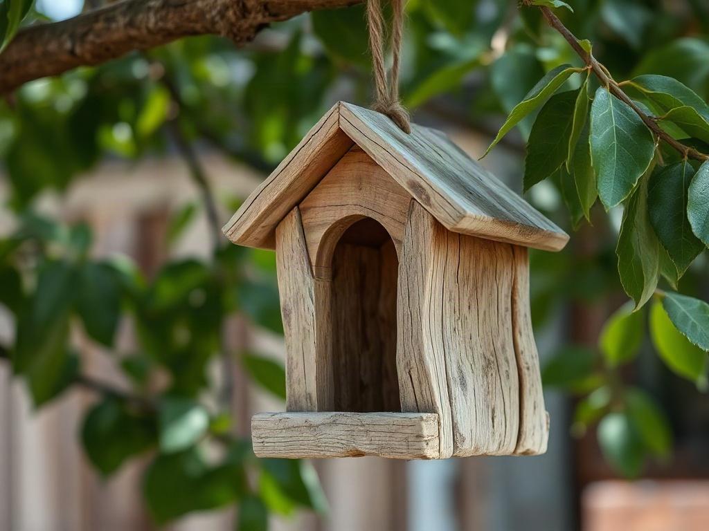 A close-up shot of a rustic driftwood birdhouse hanging from a tree branch. The birdhouse features natural textures, showing the grains and colors of the driftwood. The background is softly blurred, focusing on the birdhouse, with green leaves surrounding it, capturing the essence of a peaceful garden setting.