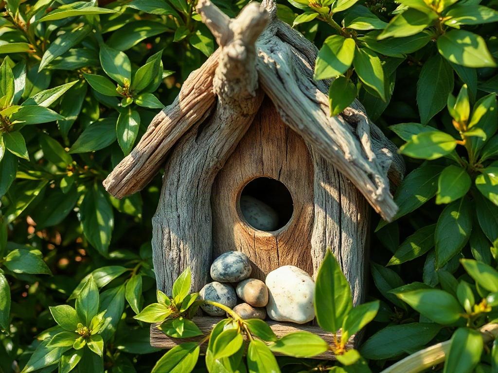 A close-up shot of a driftwood and stone birdhouse nestled among lush greenery. The birdhouse displays a mix of textured driftwood and polished stones, with sunlight filtering through the leaves, creating a warm, inviting atmosphere.