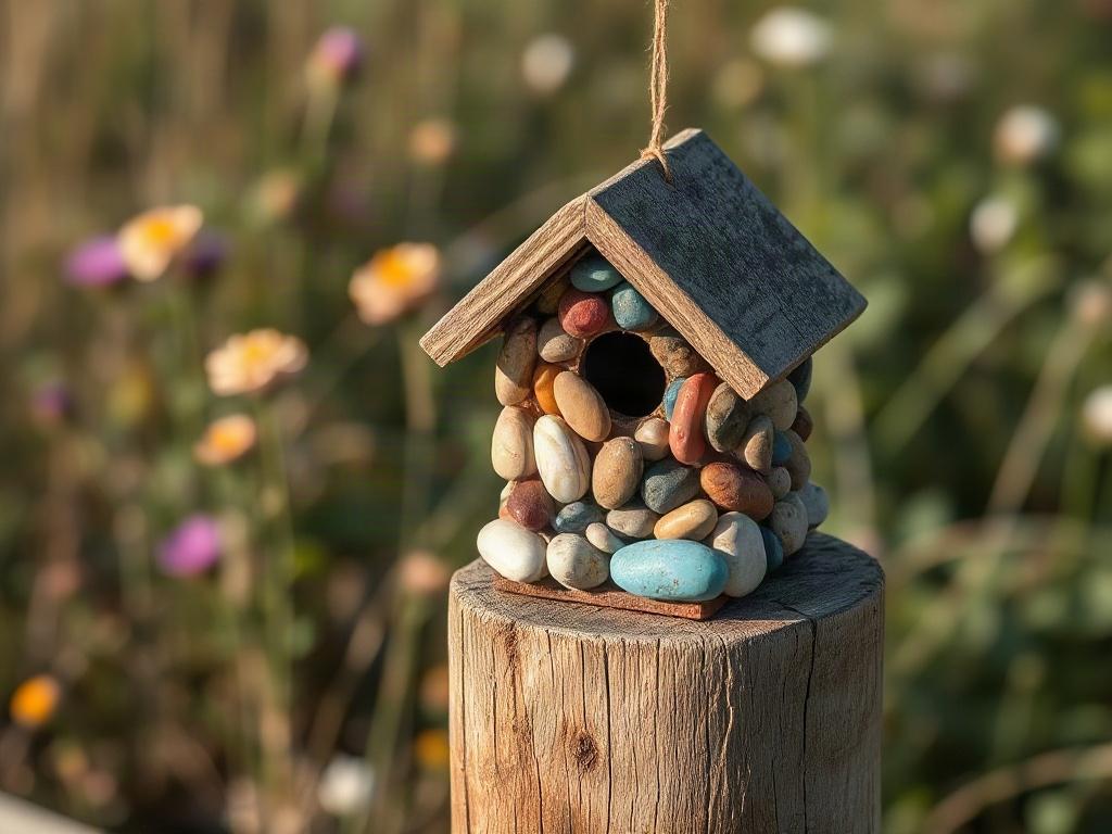 A close-up view of a beach pebble birdhouse placed on a wooden fence post. The birdhouse showcases an array of smooth, colorful pebbles arranged artistically. The background features blurred wildflowers and grass, evoking a natural, serene outdoor atmosphere.