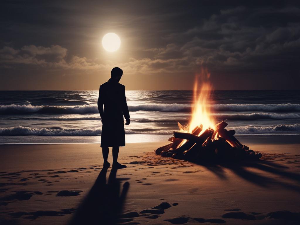 A shadowy figure standing in front of a flickering campfire