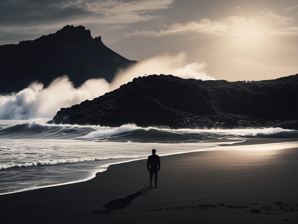 A dramatic scene on a volcanic island, showcasing a lone