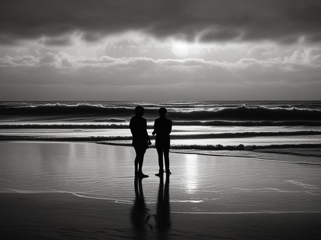 Create a realistic, high-resolution image titled "Love in the Time of Deception." The composition should be simple and focused, featuring a single subject: a couple standing at the edge of a black sand beach, gazing into each other's eyes with a mix of longing and uncertainty. The couple should be dressed in casual, slightly disheveled beach attire, suggesting a day spent in intense emotional turmoil rather than relaxation.

The background should showcase the dramatic landscape of Inferno Paradise, with tow