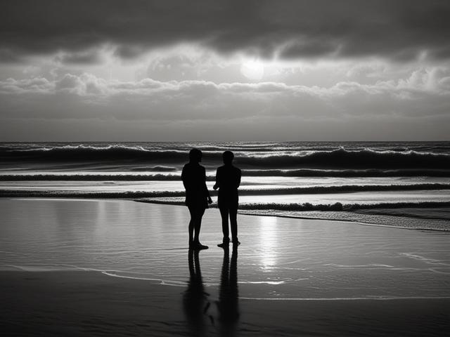 Create a realistic, high-resolution image titled "Love in the Time of Deception." The composition should be simple and focused, featuring a single subject: a couple standing at the edge of a black sand beach, gazing into each other's eyes with a mix of longing and uncertainty. The couple should be dressed in casual, slightly disheveled beach attire, suggesting a day spent in intense emotional turmoil rather than relaxation.

The background should showcase the dramatic landscape of Inferno Paradise, with tow