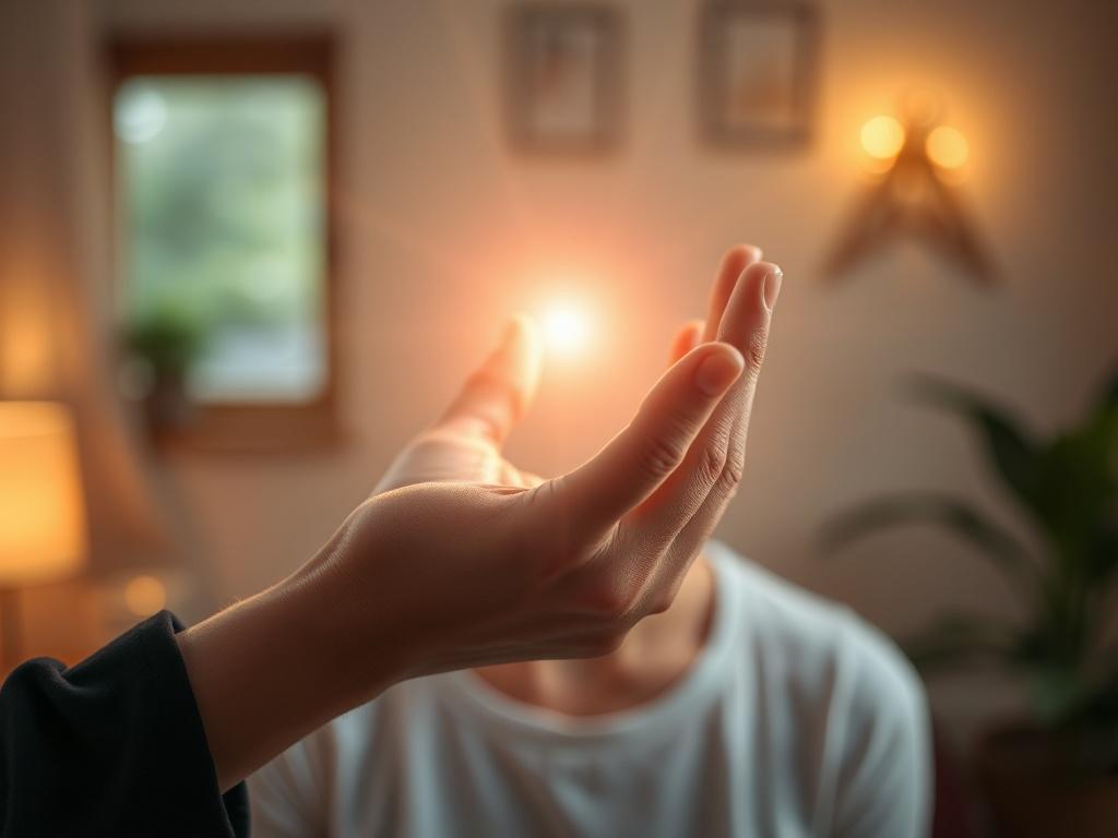 A close-up of a healer's hands hovering over a person's energy field, emanating a soft glow. The background features a peaceful indoor setting, with warm lighting that creates a soothing ambiance. The focus is on the connection between the healer and the recipient, symbolizing the process of energy clearing. Shot with a 45mm f/1.2 lens style.