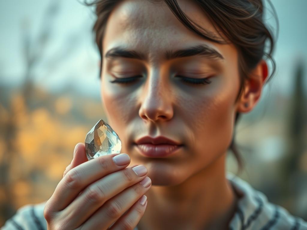 A close-up of a person holding a small crystal, eyes closed in deep concentration. The background displays soft, blurred images of nature, enhancing the feeling of inner exploration and healing. The focus is on their facial expression, reflecting a deep connection to their inner self. Shot with a 45mm f/1.2 lens style.