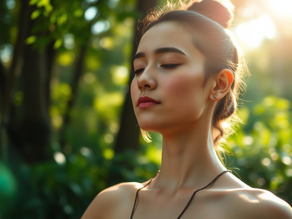 A close-up shot of a serene individual in a meditative pose, surrounded by nature, with soft sunlight filtering through trees. The focus is on their peaceful expression, embodying tranquility and healing. The background features lush greenery, creating a calming atmosphere that reflects the essence of Shamanic Soul Healing. Shot with a 45mm f/1.2 lens style.