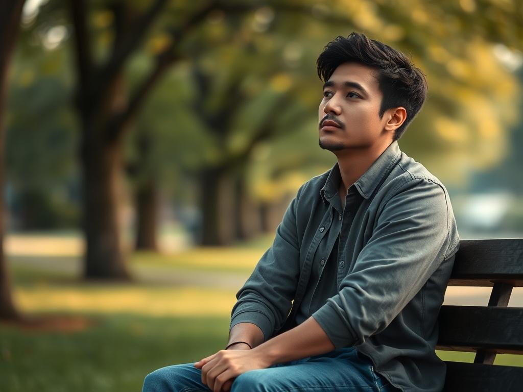 A thoughtful individual sitting on a park bench, gazing into