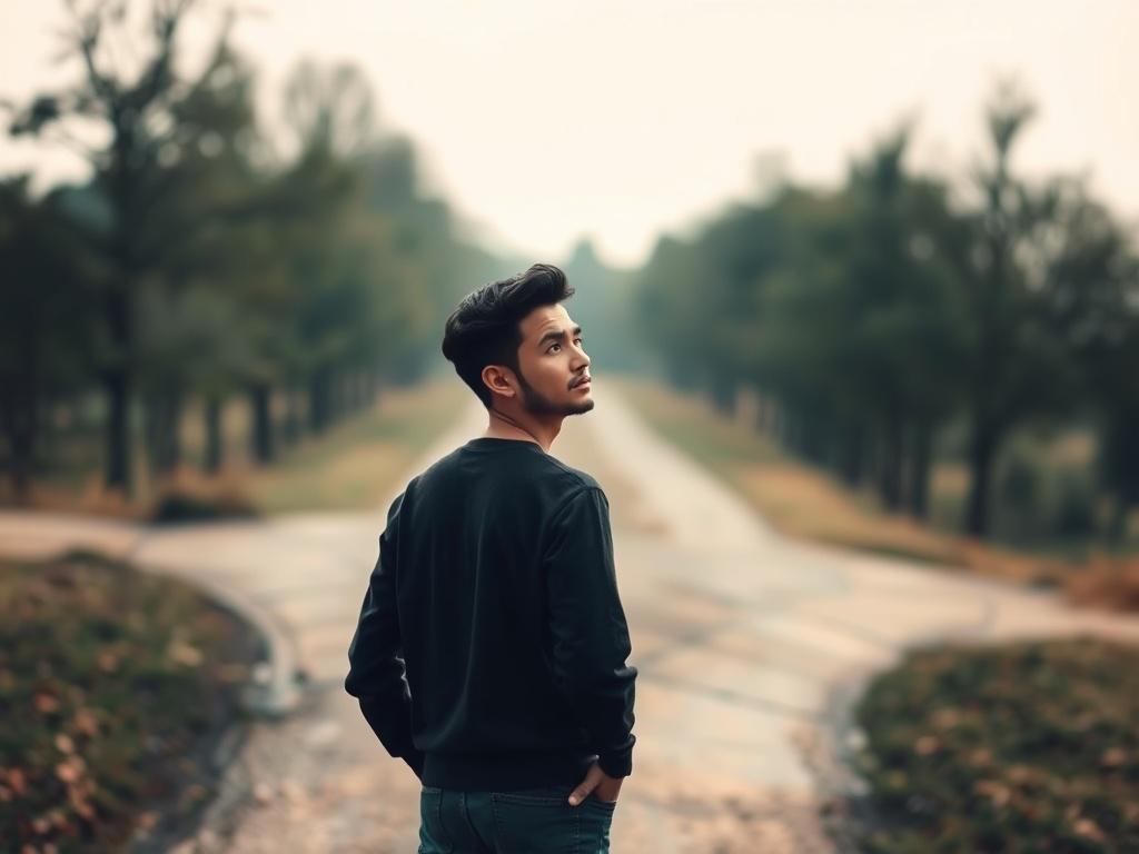 A thoughtful individual standing at a crossroads in a peaceful,