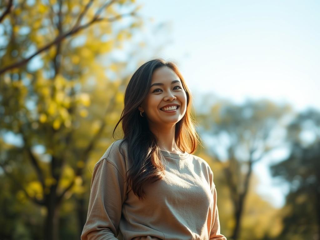A serene and confident woman standing in a sunlit park,