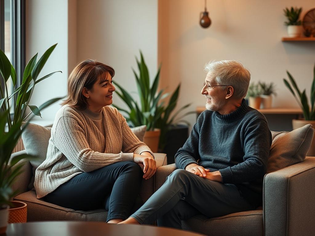 A focused coach and client seated at a cozy, modern