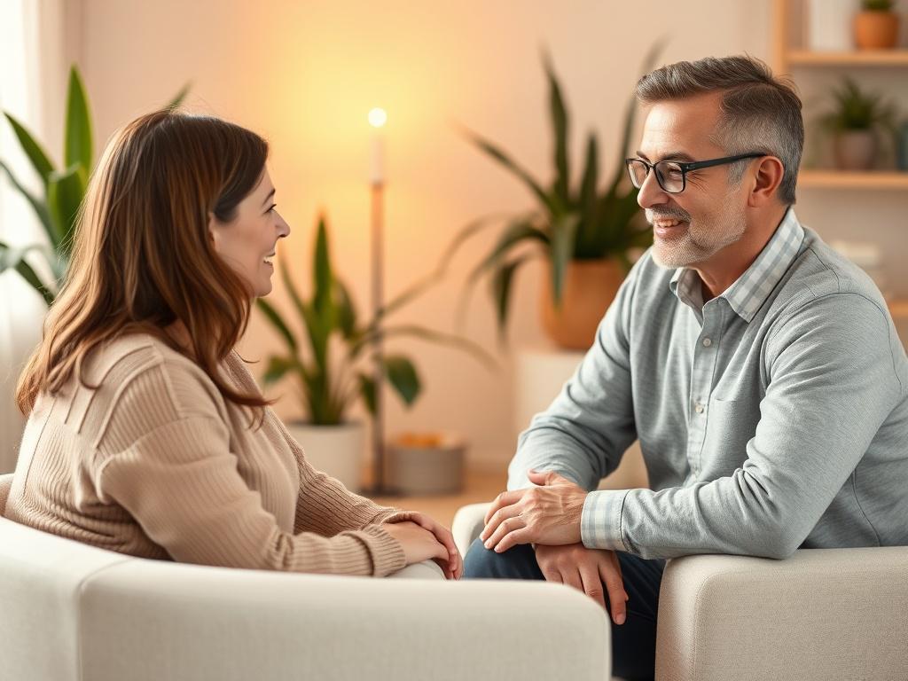 A cozy indoor setting featuring a coach and client engaged
