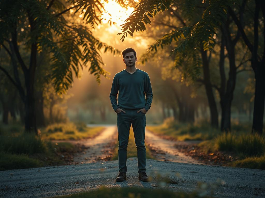 A peaceful scene of a person standing at a crossroads,