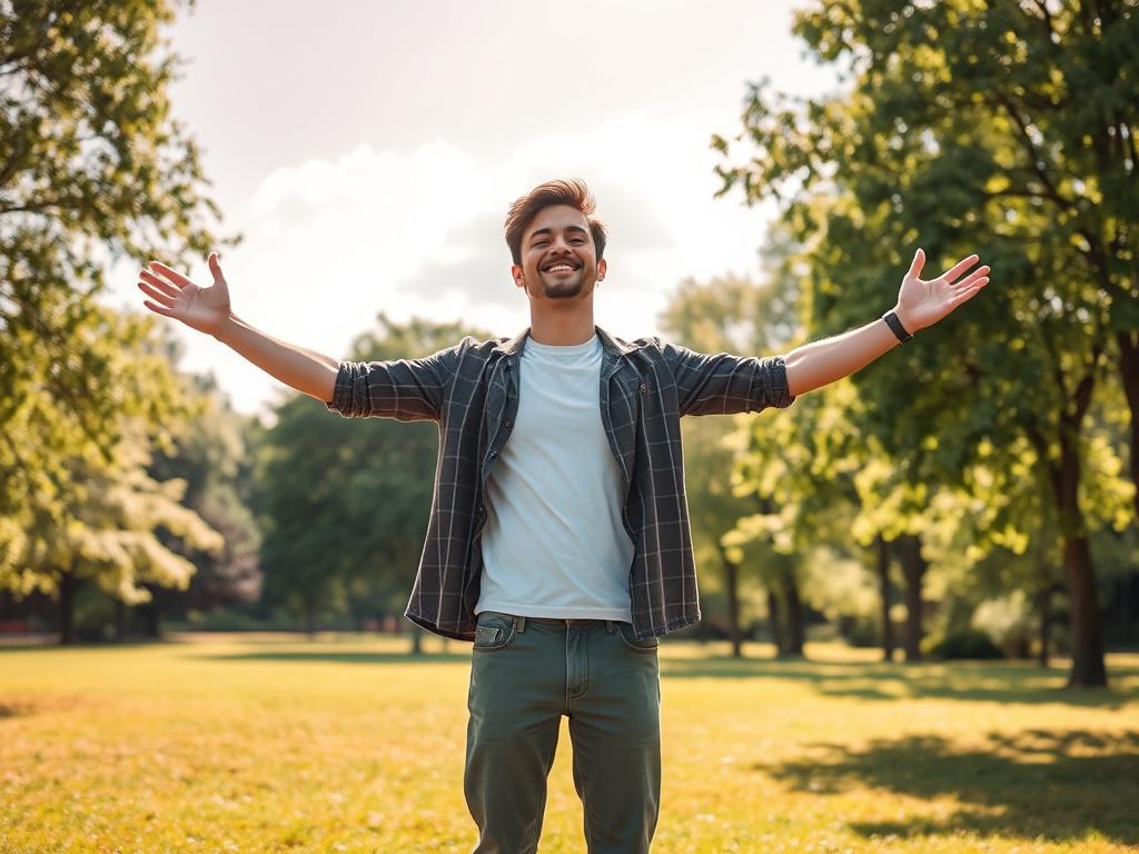 A serene setting featuring a confident individual standing with arms
