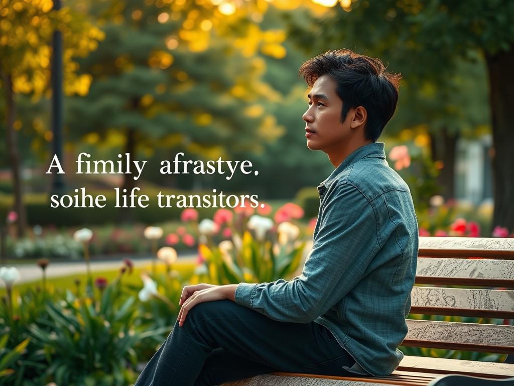 A thoughtful individual sitting on a park bench, gazing into