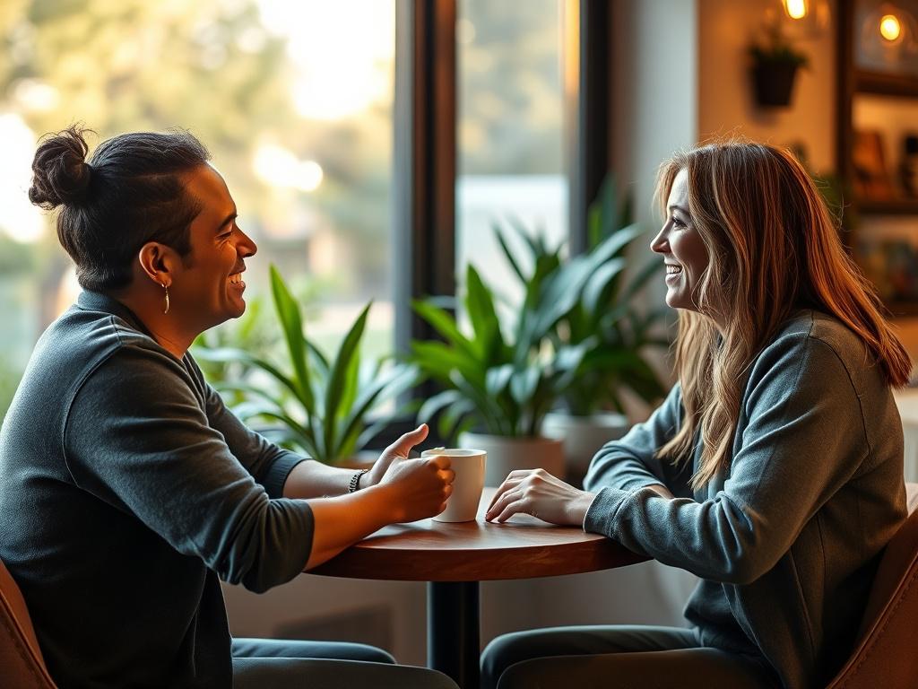 A warm, inviting scene featuring two people engaged in a