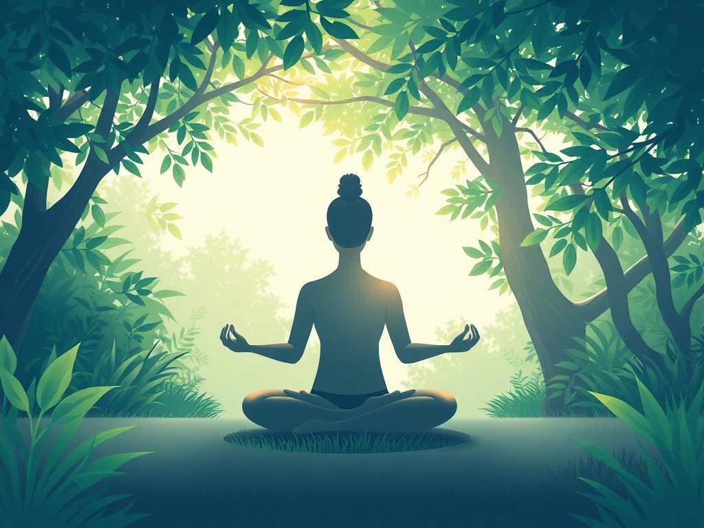 Create a high-quality illustration of a serene individual meditating in a tranquil outdoor setting, surrounded by lush greenery and gentle sunlight filtering through the leaves. The composition should focus solely on the individual, capturing a moment of peace and reflection. The background should be simple yet calming, emphasizing balance and wellness. Use gradient colors that align with the RGB(138, 194, 154) primary color to evoke a sense of growth and tranquility.