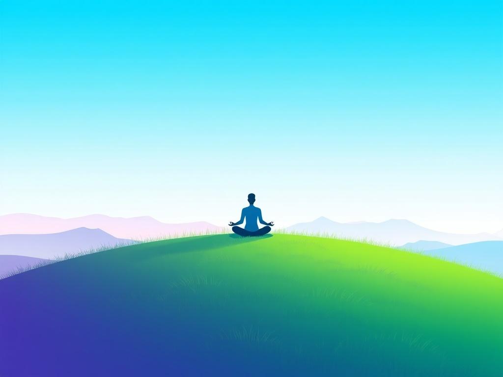A serene and calming illustration of a peaceful nature scene featuring a single figure meditating on a grassy hill under a blue sky. The figure is surrounded by gentle gradients of green and purple, symbolizing growth and transformation. The background should be simple yet vibrant, showcasing soft clouds and distant mountains to evoke a sense of tranquility and balance.