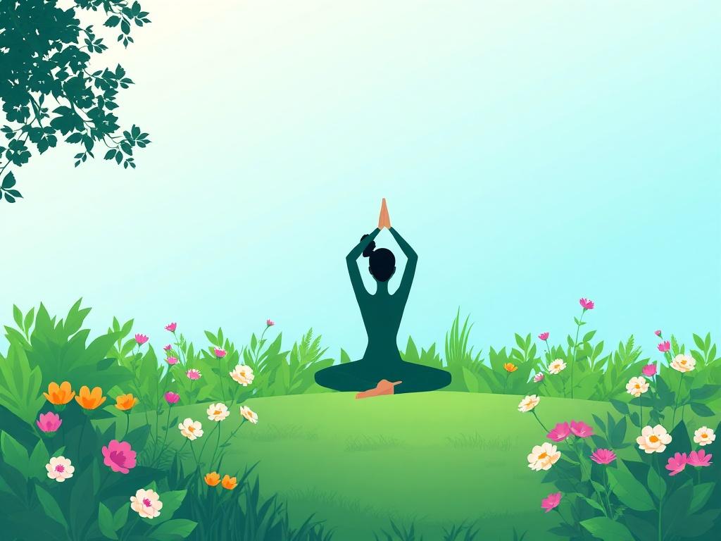 A high-quality illustration of a serene outdoor scene depicting a person practicing yoga in a peaceful garden setting. The individual is in a meditative pose, surrounded by vibrant greenery and blooming flowers. The background features a soft gradient sky transitioning from light to deep blue, symbolizing tranquility and balance. The composition is simple and clear, focusing solely on the subject in a calming and uplifting environment.