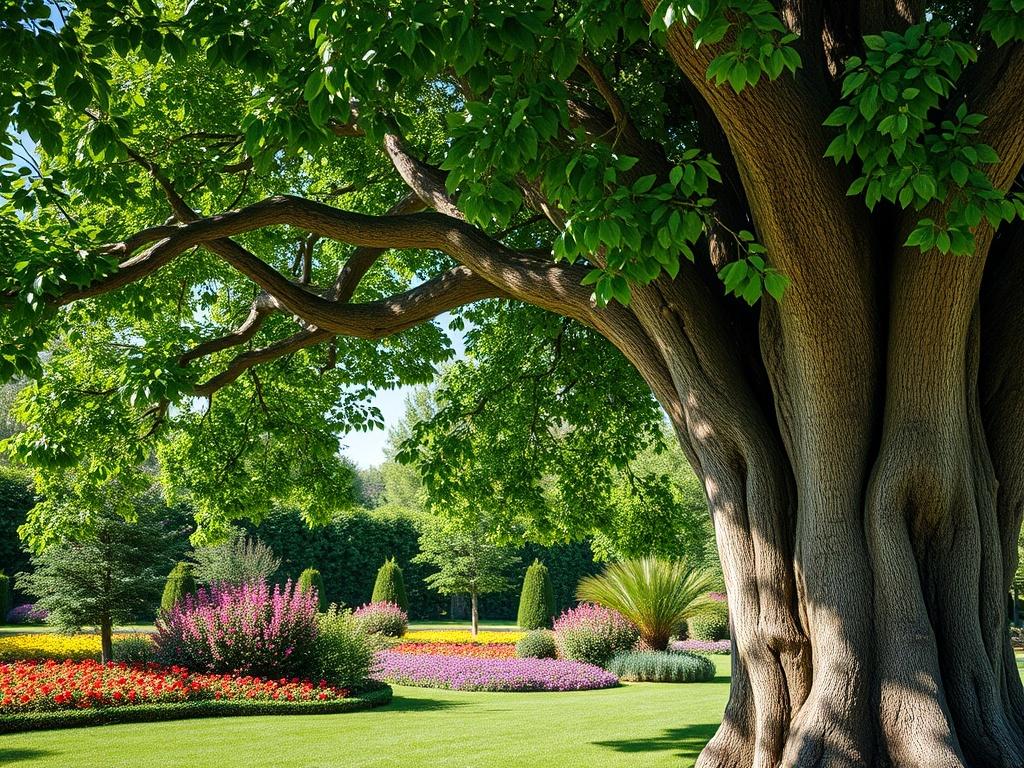 A hyper-realistic close-up shot of a large, healthy tree in a vibrant garden setting. The tree should have a thick trunk and lush green leaves, showcasing its grandeur. The background should be a soft-focus of a well-maintained garden with colorful flowers and a clear blue sky, capturing the essence of nature's beauty. The photo should be bright and inviting, highlighting the tree as the main subject.